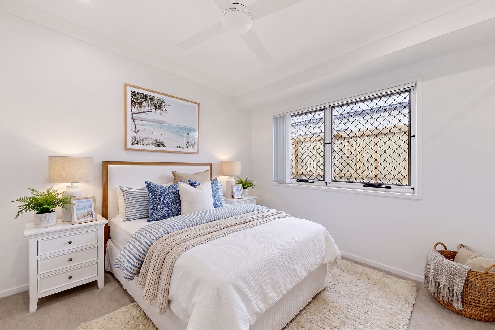 Virtual Staging Before and After 5 Coastal virtual staging of a bedroom with striped linen and a pale timber bedhead